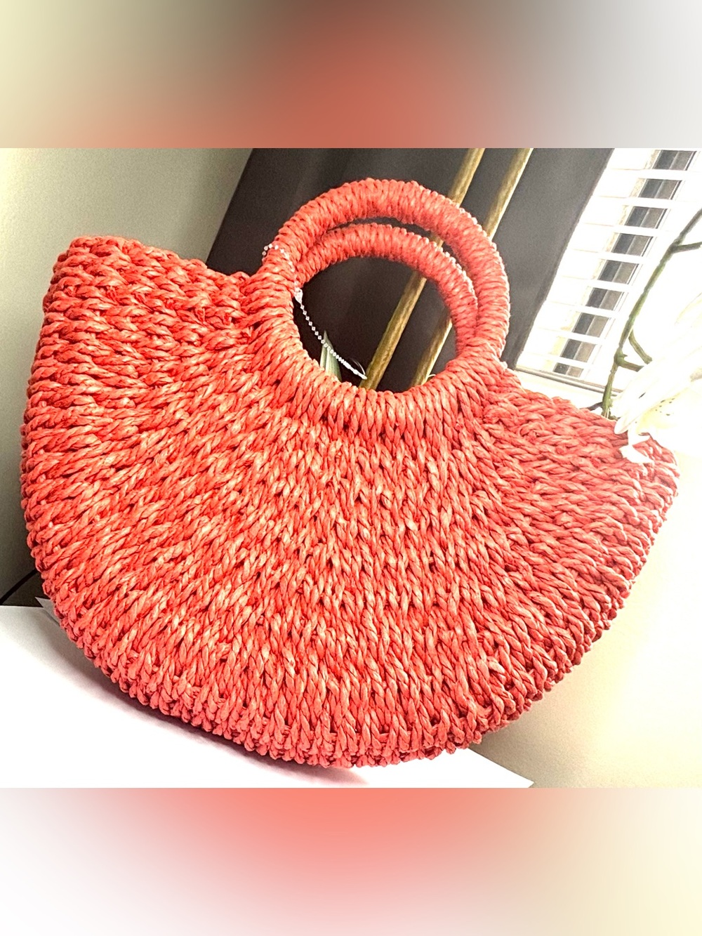 Handwoven Straw Tote Bag in Bright Red-Orange